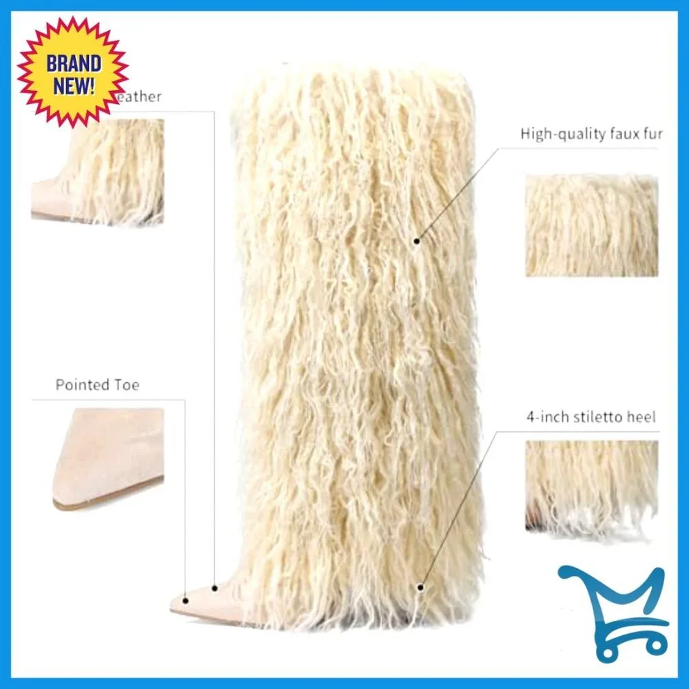 Knee High Faux Fur Boots Stiletto Heel Wide Calf Winter Boots